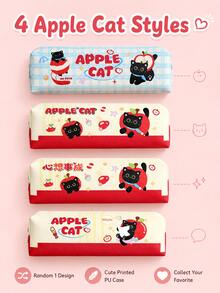 Trousse à crayons en PU Chat Pomme mignon, sac de rangement de papeterie léger avec fermeture éclair pour étudiants, pochette à crayons imprimée chat noir de dessin animé japonais, 4 styles envoyés aléatoirement 1, sac de rangement pour l'école et le bureau - Chaton Pomme (un des quatre modèles sera sélectionné au hasard) - Voir 6