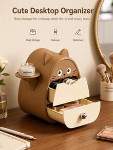 Cute Desktop Organizer With Drawer And Side Tray, Multi-Functional Storage Container For Cosmetics, Stationery And Small Items, Suitable For Room Decor - Multicolor - View 2