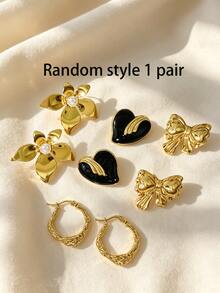 4 Pairs Stainless Steel Earrings Set, Large Pearl Studs, Round Pendant Earrings, Gold Enamel Black Flower Pearl Earrings, Elegant Petal Textured Floral Jewelry, Geometric Vintage Earrings, Suitable For Daily Commute, Party, Wedding, Different Occasions Jewelry Accessories - Multicolor - View 7