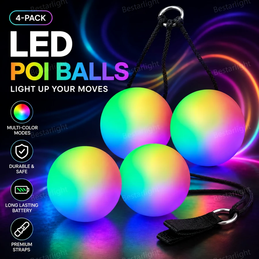 LED Soft Light Poi Spinning Ball, 9 Dynamic Light Modes, Rainbow Gradient, High-Speed Flashing Rotation, Durable Glowing Dance Prop, Perfect Christmas Gift For Adults, Beginners And Professional Performers - 4PCS - View 1