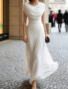 Spring And Autumn Women's Folded Ribbon Sparkling Evening DressLoose And Comfortable - White 2 - View 4
