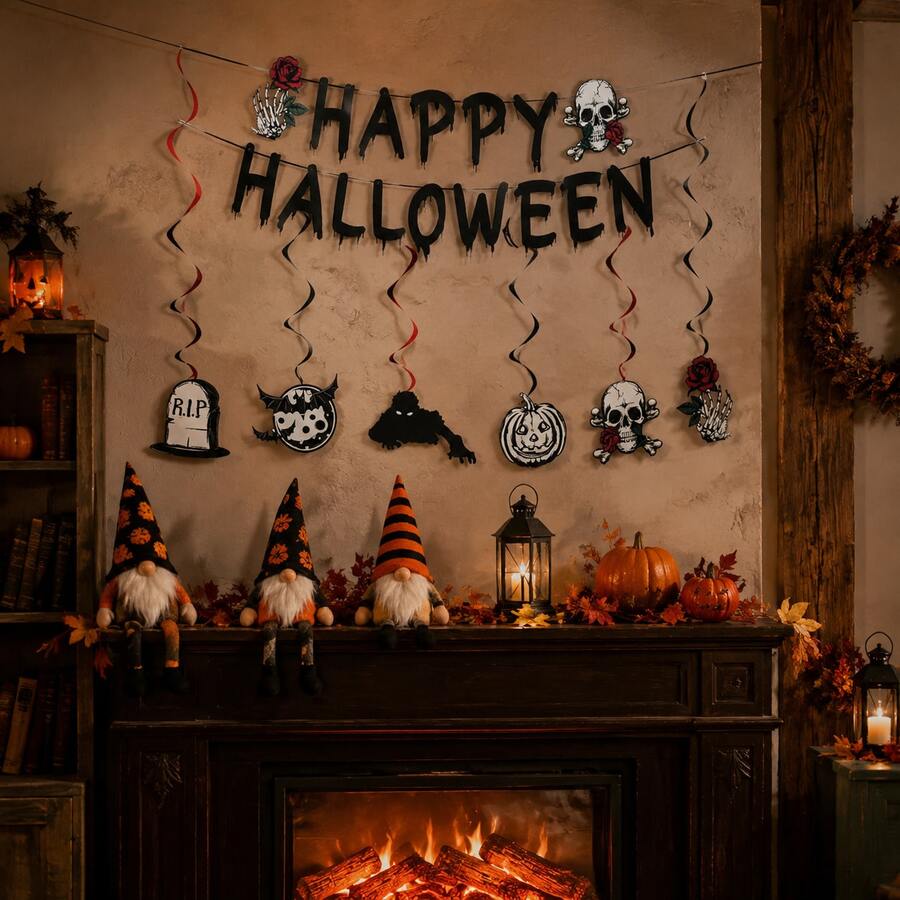 22 PCS Gothic-Style Birthday Party Decoration Banners Featuring Skull Black Strips With Vortex Patterns. Suitable For Death-Themed Events. My 20s Torn To My 20s, Emotional Horror Halloween Gothic Birthday Party Supplies. - View 1