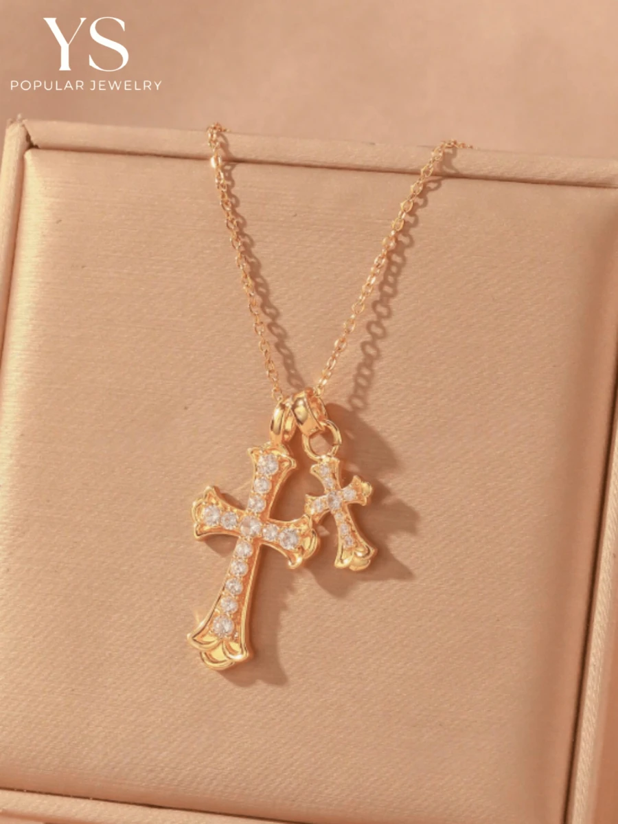 1pc [Luxury Sparkling] Zirconia Inlaid Double Cross Necklace, Gold Personalized Fashion Collarbone Chain, Niche Design Religious Style Jewelry - Multicolor - View 1