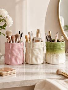 1pc Ins Cream Crinkled Paper Bag Ceramic Storage Cup, 3 Colors Peach Pink Cream White Gradient Green, Multi-Functional Makeup Brush Holder Pen Mini Dried Flower Vase, Aesthetic Decor For Vanity Desk Bathroom Sink Entryway Office Airbnb Home - Paper Bag Beauty Storage - View 6