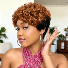 Short Pixie Cut Human Hair Wigs Two Tone Ombre Curly Wigs For Women, Full Machine Made Short Hair Wig Daily Wear - Multicolor - View 10