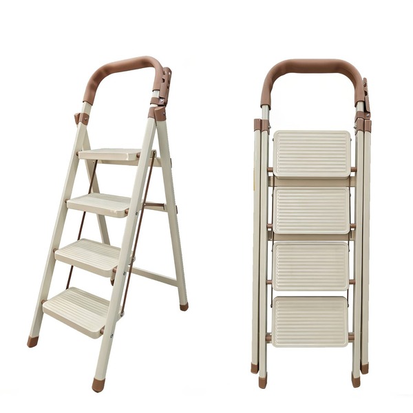 CVNU [Step Ladder For Women] Lightweight Folding Step Stool, Cream White Home Ladder, 3/4/5/6 Step Folding Step Ladder - Anti-Slip Wide Pedal, Sturdy Ladder With Comfort Handle, Portable Space-Saving Step Stool For Home, Kitchen, Office Use