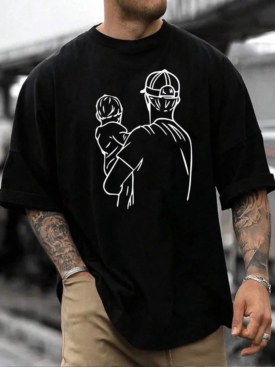 Camiseta Casual de Hombre,Diseño con Estampado de Silueta Padre e Hijo,Cuello Redondo,Manga Corta,Estilo Urbano 100% algodón. - Negro - Ver 1
