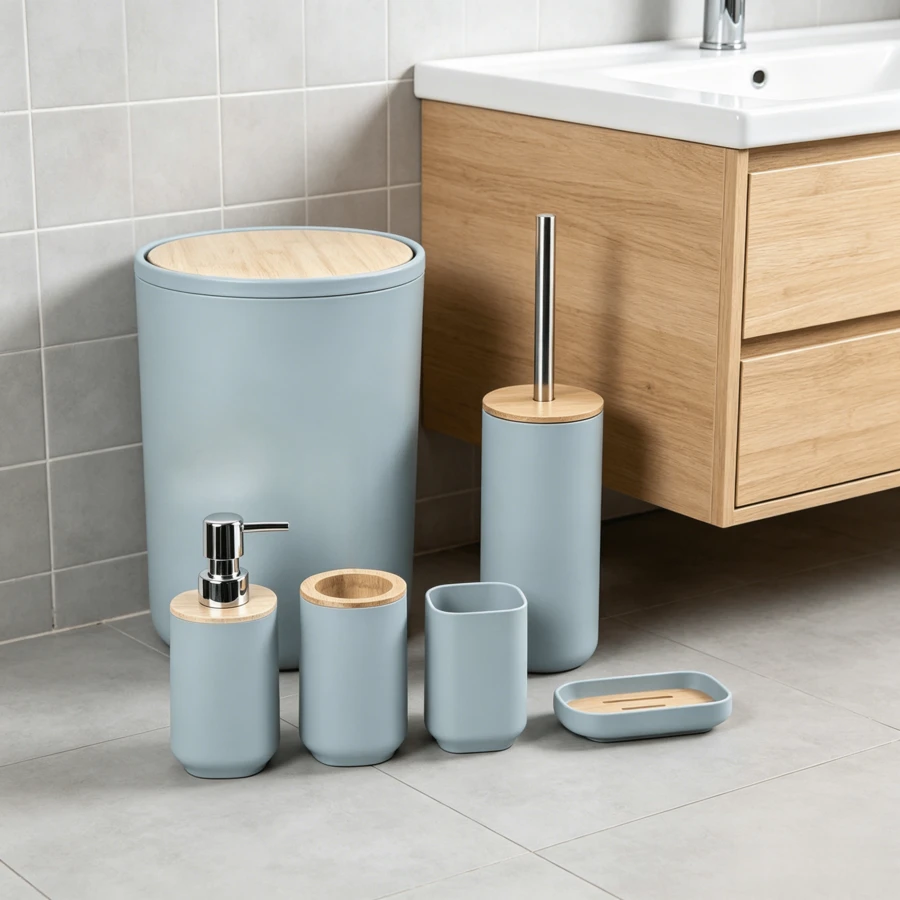 1pc, 4pcs, 6pcs Light Blue Bamboo Lid Bathroom Accessories, Including - Trash Can, Toilet Brush, Soap Dispenser, Toothbrush Holder, Toothbrush Rack, Soap Dish, Suitable For - Bathroom, Apartment, Rental Home - Multicolor - View 1