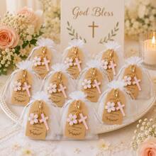 60pcs/20sets Cross Keychain Party Favors, Includes Organza Bags And Thank You Cards, Suitable For Baptism, Christening, First Communion, Wedding, Baby Shower Guest Gifts - Pink Flowers - View 7