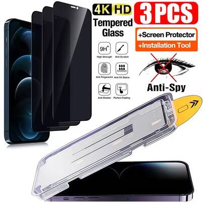 3pcs Privacy Screen Protector, With Auto-Alignment Kit, Compatible With IPhone 17/17 Pro/17 Pro Max/17 Air/15 Pro Max/15 Pro/15 Plus/15/14 Pro Max/14 Pro/14 Plus/14/13 Pro Max/13 Pro/13/12 Pro Max/12 Pro/12/11 Pro Max/11 Pro/11/XS Max/XS/XR/X, 9H Tempered Glass, Anti-Scratch, Anti-Fingerprint, Compatible With Phone Cases, Full Coverage For Dynamic Island