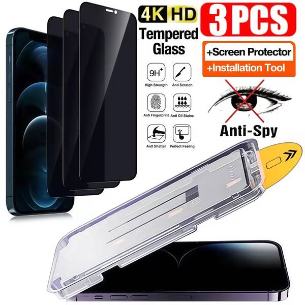 3pcs Privacy Screen Protector, With Auto-Alignment Kit, Compatible With IPhone 17/17 Pro/17 Pro Max/17 Air/15 Pro Max/15 Pro/15 Plus/15/14 Pro Max/14 Pro/14 Plus/14/13 Pro Max/13 Pro/13/12 Pro Max/12 Pro/12/11 Pro Max/11 Pro/11/XS Max/XS/XR/X, 9H Tempered Glass, Anti-Scratch, Anti-Fingerprint, Compatible With Phone Cases, Full Coverage For Dynamic Island