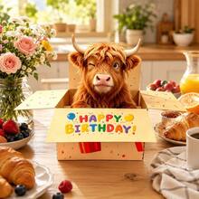 4件/2件趣味生日立體卡片禮盒，適合她/他，裝飾盒附幽默高地牛圖案，背面附書寫空間，趣味生日賀卡，送給家人與朋友的完美生日禮物 - 查看 7