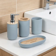 1pc, 4pcs, 6pcs Light Blue Bamboo Lid Bathroom Accessories, Including - Trash Can, Toilet Brush, Soap Dispenser, Toothbrush Holder, Toothbrush Rack, Soap Dish, Suitable For - Bathroom, Apartment, Rental Home - Multicolor - View 2