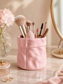 1pc Ins Cream Crinkled Paper Bag Ceramic Storage Cup, 3 Colors Peach Pink Cream White Gradient Green, Multi-Functional Makeup Brush Holder Pen Mini Dried Flower Vase, Aesthetic Decor For Vanity Desk Bathroom Sink Entryway Office Airbnb Home - Paper Bag Beauty Storage - View 1