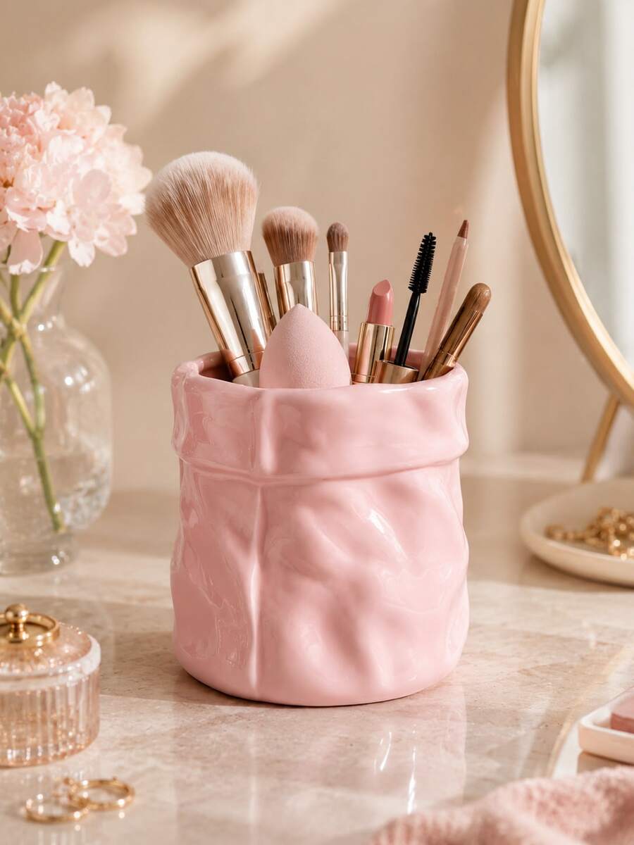 1pc Ins Cream Crinkled Paper Bag Ceramic Storage Cup, 3 Colors Peach Pink Cream White Gradient Green, Multi-Functional Makeup Brush Holder Pen Mini Dried Flower Vase, Aesthetic Decor For Vanity Desk Bathroom Sink Entryway Office Airbnb Home - Paper Bag Beauty Storage - View 1