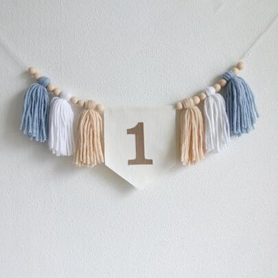 1pc 1st Birthday Blue High Chair Banner, Yarn Tassel Garland, Teddy Bear 1st Birthday, Pastel Garland Banner