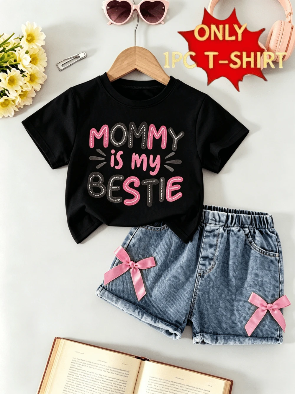 Children's Clothing For Ages 8-10, Girls' Clothing For Ages 11-14, Offers On Clothing For Teenagers, Children's Clothing For Ages 6-11, Short-Sleeved Blouse Set With Letter Print - 黑色 - 查看 1
