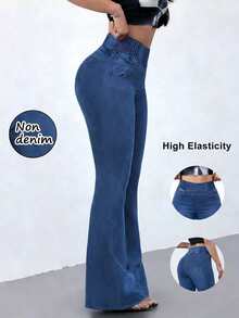 Women's High Stretch Flare Pants With Denim Effect - Slim Retro Style Trousers, Comfortable Breathable Casual - Navy Blue - View 1