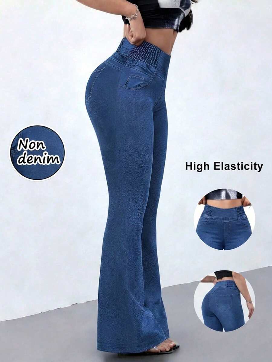 Women's High Stretch Flare Pants With Denim Effect - Slim Retro Style Trousers, Comfortable Breathable Casual - Navy Blue - View 1