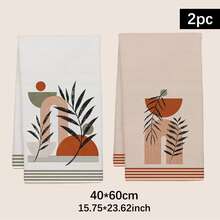 2件裝極簡日常幾何波希米亞植物線條圖案廚房毛巾，柔軟聚酯纖維抹布，適用於廚房裝飾、廚房清潔、節日派對裝飾、廚房浴室用品家居必需品、家居裝飾、喬遷禮物 - 彩色 - 查看 3