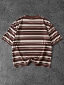 Camiseta casual de hombre FRACTYR de verano, corte boxy holgado, estilo callejero americano high street, con estampado de letras y rayas, cuello redondo, cómoda y transpirable para uso en exteriores - Marrón - Ver 6