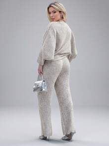 Women's White Cold Weather Set In Ribbed Mousse Knit Oversize Top And Pants | Fits 36 To 44 Textured Pattern Wool-Like Fabric Pocket Drawstring Women's Daily Fall/Winter Clothing - White - View 1