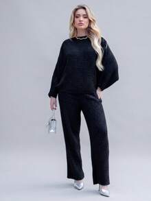 Women's Black Cold Weather Set In Ribbed Mousse Knit Oversize Top And Pants | Fits 36 To 44 Textured Pattern Wool-Like Fabric Pocket Drawstring Women's Daily Fall/Winter Clothing - Black - View 1