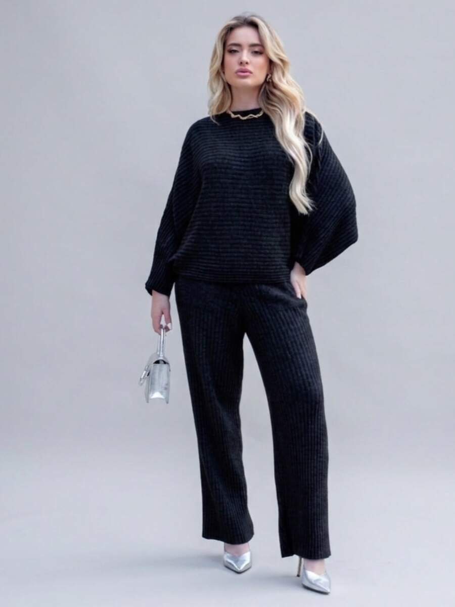 Women's Black Cold Weather Set In Ribbed Mousse Knit Oversize Top And Pants | Fits 36 To 44 Textured Pattern Wool-Like Fabric Pocket Drawstring Women's Daily Fall/Winter Clothing - Black - View 1