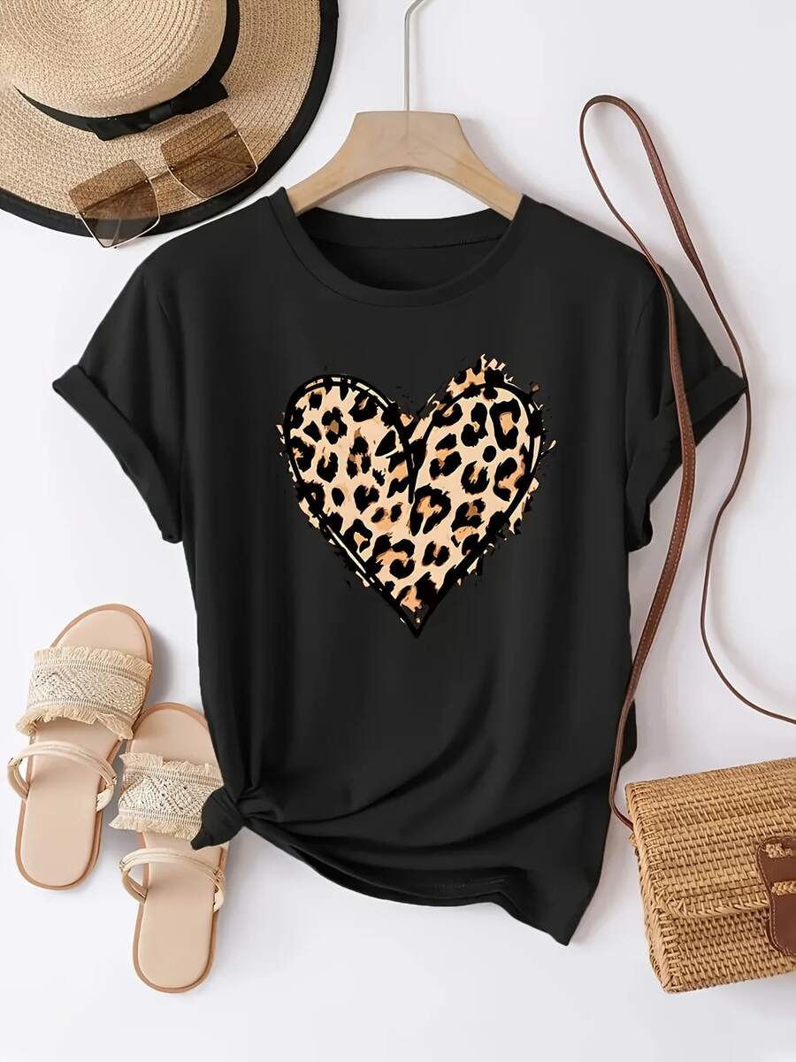 Women's Cotton T-Shirt With Heart Leopard Print, Hand-Painted Outline On Black, Sexy Minimalist Tee - 黑色 - 查看 1