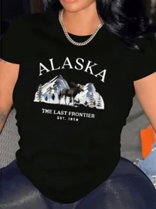 Monta?as nevadas de Alaska con alce y bosque que evocan aventura y libertad camiseta de mujer casual moderna cómoda - Negro - Ver 12