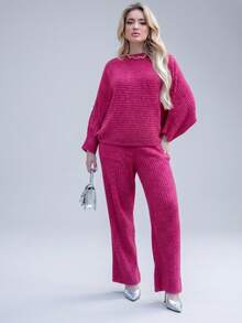Women's Cold Weather Set In Ribbed Mousse Knit - Oversized Blouse And Pants | Fits Sizes 36 To 44 | Textured Pattern | Wool-Like Fabric | Drawstring Pocket | Women's Clothing | Everyday | Autumn/Winter - Rose Red - View 1