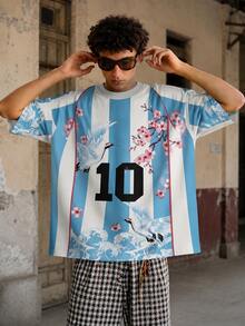 FRACTYR 男士夏季休閒街頭風日式風格 鶴與櫻花 Argentina #10 印花 寬鬆版型圓領短袖T恤，親膚柔軟運動涼感上衣 - 白色 - 查看 1