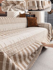 1pc All-Season Khaki/Green/Black & White Vintage Plaid Non-Slip Sofa Cover, Skin-Friendly Breathable Fabric, Anti-Slip Wear-Resistant, Machine Washable Tassel Sofa Blanket, Anti-Scratch Anti-Dust Sofa Slipcover, Living Room Bedroom Sofa Decor, Home Decor Accessories, Suitable For 1/2/3/4 Seater And Sectional Sofas, Fits Various Home Styles, Compatible With Wooden, Mid-Century Modern, Rental Apartments, B&B Soft Furnishings - Khaki - View 8