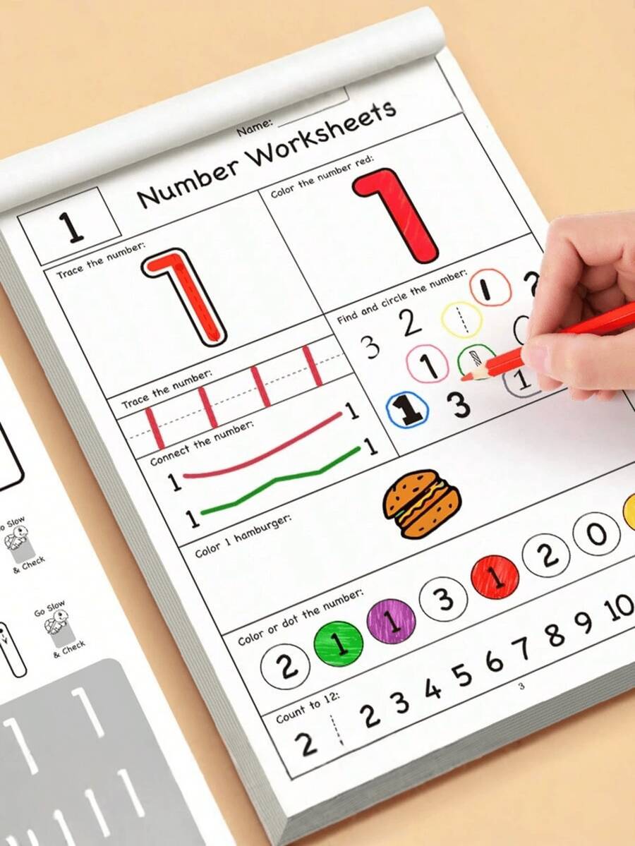 1pc Number Practice Workbook, Designed For Tracking, Writing And Recognizing Numbers. Includes Illustrations, Number Coloring, Stroke Practice And Grip Exercises For Easy Identification By Parents Or Preschool Teachers. Suitable For Home Early Childhood Number Cognition, School Teaching, And Also Belongs To Student Stationery, Back To School Supplies