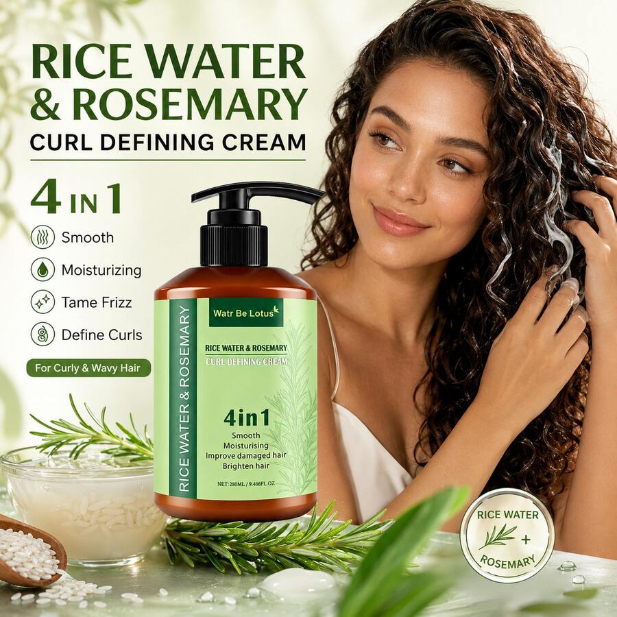 WATR BE LOTUS 米水與迷迭香捲髮造型乳,免沖洗不黏膩捲髮乳,適用於捲髮與波浪髮,幫助定義捲度、減少毛躁、滋潤並柔順髮質,適合所有捲髮類型的日常造型與護理,280ml - 米水與迷迭香捲髮定型霜 - 查看 1