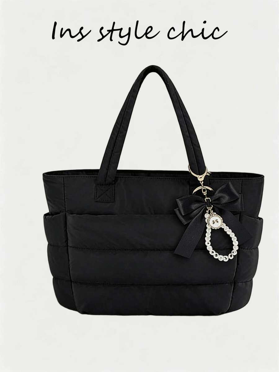 Nuevo bolso tote clásico multifuncional de moda de unicolor, diseño de unicolor, decoración acolchada, bolso tote de hombro, asas dobles, bolso de hombro de mujer de moda, bolso de negocios - Burdeos - Ver 1