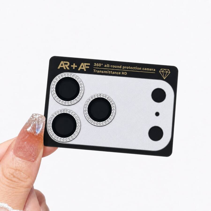 CASECOPS 銀色相機螢幕鋼化玻璃保護貼，相容 iPhone 17 Pro Max/17 Pro，9H 硬度，霧面金屬質感，超薄玻璃，附水鑽裝飾，防刮耐磨，易於安裝，防眩光，3D 立體，全螢幕相機保護，相容手機殼