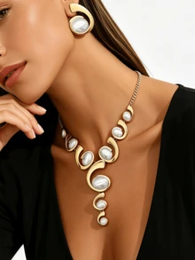 2pcs/Set Women's Y-Shaped Necklace, Metal Geometric Patchwork With Faux Pearl Accent, Luxury Niche Beach Party Accessory - Golden Yellow + White - View 2