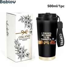 1 Stück/5 Stücke 500ml Edelstahl isolierter Kaffeebecher, Muster mit Spiel Kürbis Truthahn Zitat Muster, mit Klappdeckel und "COFFEE" Griffband, auslaufsicher vakuumisoliert, langanhaltende Kälte- und Wärmespeicherung, geeignet für Pendeln und Reisen, exquisites Thanksgiving Geschenk für Gamer - Schwarzes Pixelspiel - Übersicht 4