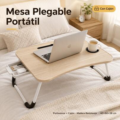 Mesa Plegable Portátil para Cama y Sofá, Escritorio de Madera 40*60*28 cm con Portavasos y Cajón, Mesa Multifunción Bandeja para Ordenador con Atril para Tablet, Ideal para Trabajo y Estudio en Casa, Soporte Plegable y Portátil que Ahorra Espacio, Fácil de Guardar