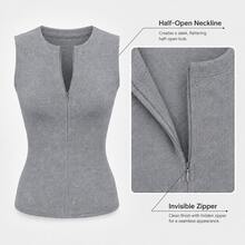 Women's Gray Knit Tank Top, Sleeveless Invisible Zipper Ribbed Slim Fit Top, Minimalist Casual Top For Back To School, Everyday Wear & Casual Outfits - Grey - View 9