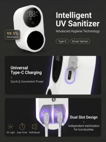FIYIBAN 1pc Smart UV Toothbrush Sterilizer And Holder, Wall-Mounted Automatic Dust-Proof Cover With Digital Display, Type-C Rechargeable Disinfection Box, Holds 2 Toothbrushes, For Bathroom Storage - White - View 3