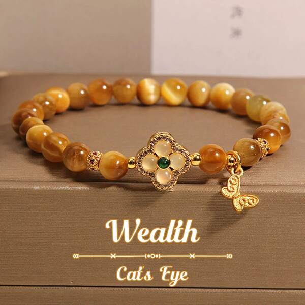 Lucky Cat Eye Stone Round Bead Bracelet With Rhinestone Four-Leaf Clover Butterfly Pendant, Elastic Cord Beaded Bracelet, Fashionable And Elegant For Women, Suitable For Daily Wear And Gifts