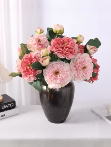 1pc Artificial Peony Flower With Buds And Green Leaves, Realistic Faux Peony, Artificial Flower, Fake Flower, Suitable For Home Decor, Room Decor, Bedroom Decor, Wedding Decor, Tabletop Decor, Indoor And Outdoor Decor, Autumn Decor, Halloween Decor - Multicolor - View 9