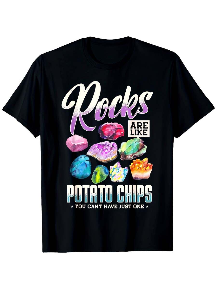Camiseta Divertida de Coleccionista de Rock para Hombre | Diseño "Las Rocas Son Como Las Patatas Fritas", 100%, Manga Corta, Cuello Redondo, Estampado Mineral Vibrante, Corte Casual y Cómo - Negro - Ver 1