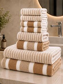 1 Set 8pcs Striped Soft Absorbent Quick-Dry Bathroom Towel Set - Multicolor - View 11