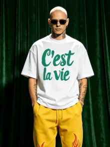 Herren Sommer Lässig Weich Rundhals Kurzarm-Shirt,Grün C'est La Vie handgeschriebener französischer Spruch Muster Grafik geeignet für den täglichen Gebrauch. - Weiss - Übersicht 3
