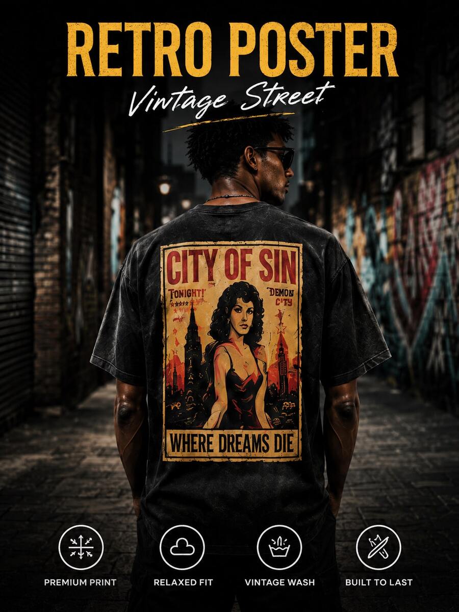 Retro, Algodón, Impresión de Póster Vintage, Camiseta, Estilo Streetwear - Negro - Ver 1