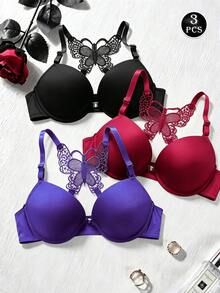 3pcs Women's Push-Up Underwire Smooth Bra, Butterfly Lace Racerback Adjustable Spaghetti Strap Sexy Lingerie, Suitable For Formal Occasions And Daily Wear - Multicolor - View 2