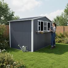 6x9 FT Outdoor Metal Storage Shed With Window And Flower Rack, Lockable Double Doors Tool Shed, Waterproof Weatherproof Garden Shed For Backyard Patio, Coal Gray - Coal Gray + Metal + Garden & Outdoor1 - View 3
